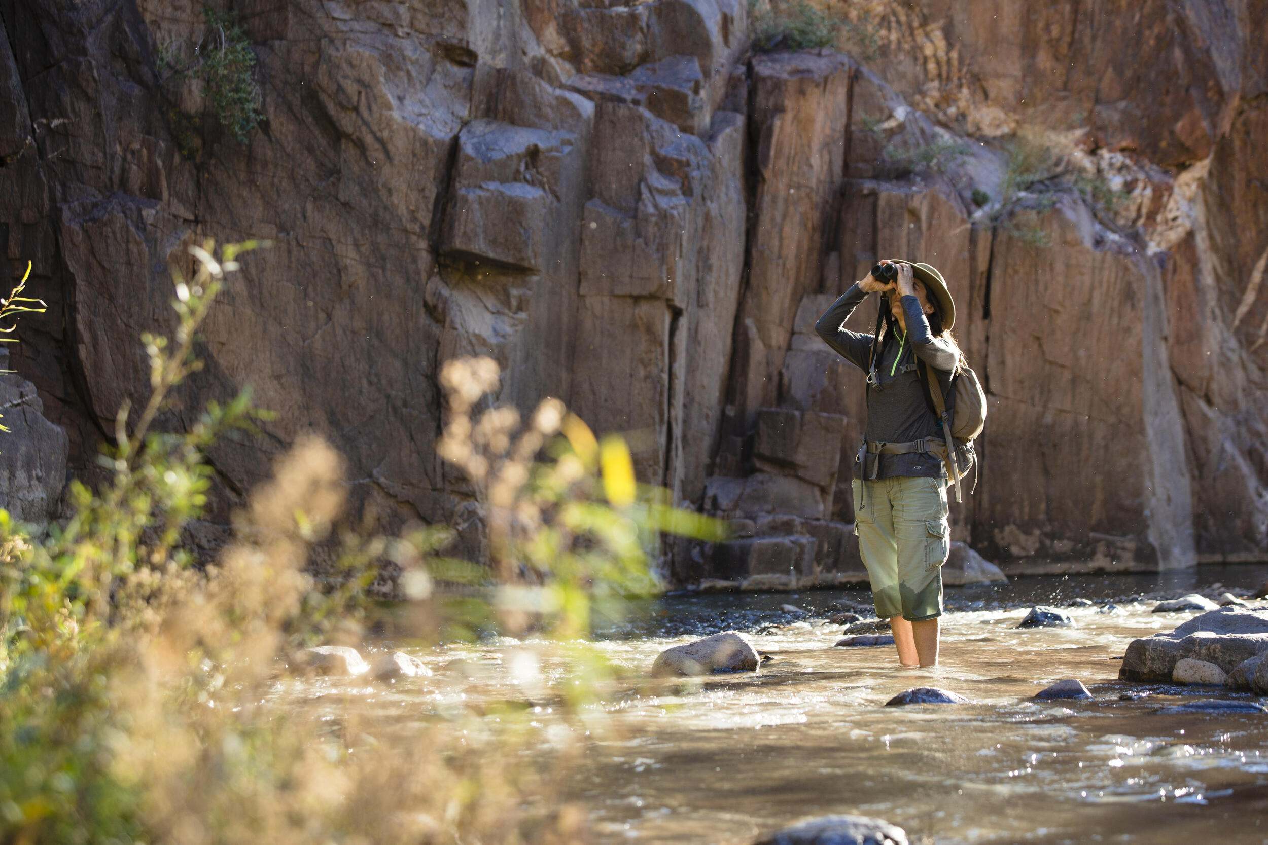 A hiker looks through binoculars while standing in moving water in a canyon.